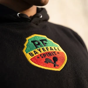 Black Baye Fall hoodie with embroidered Spirit crest and crossed clubs emblem