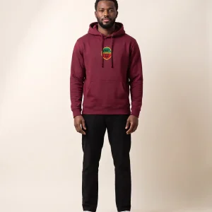 Purple Baye Fall hoodie with embroidered Baye Fall Spirit crest in pan-African colours