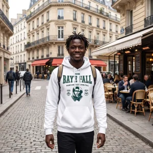 White Baye Fall hoodie with teal stencil portrait of Mame Cheikh Ibrahima Fall and Spirit badge in europe france