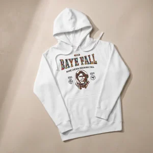 White Baye Fall hoodie with ndiakhass patchwork portrait of Mame Cheikh Ibrahima Fall