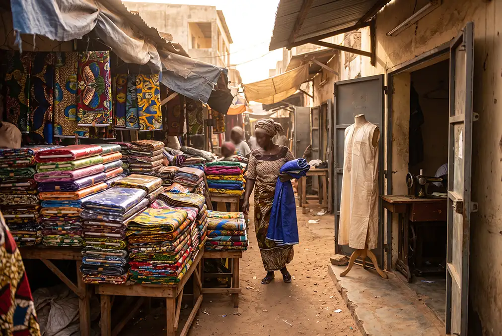 Dakar fabric market stall with bazin and wax print beside a tailor's workshop