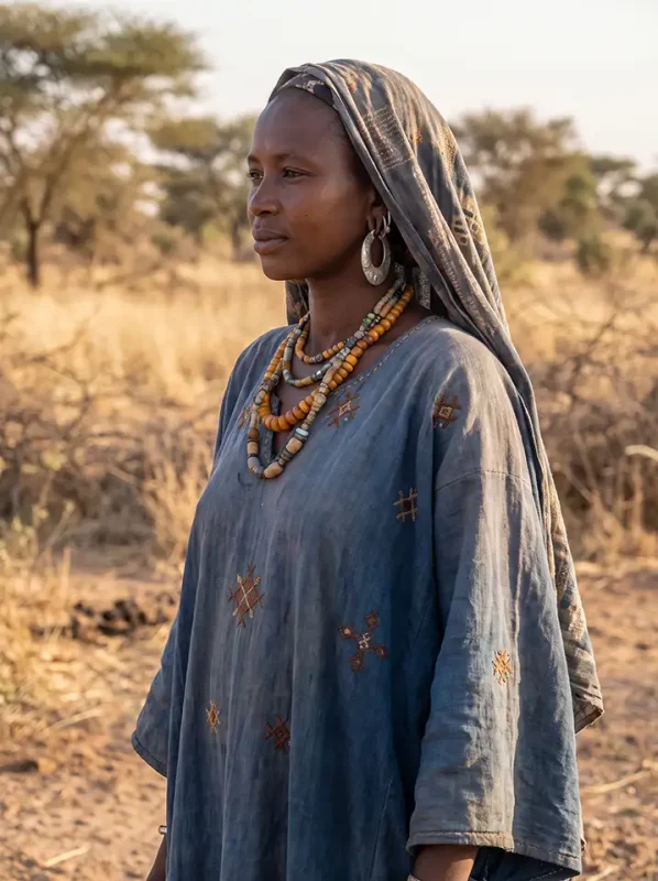 Fula traditional dress in indigo and earth tones with layered beadwork and jewellery