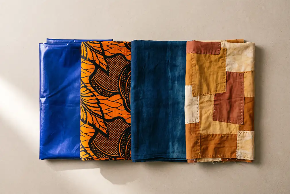 Senegalese fabrics compared: bazin riche, wax print, hand-dyed indigo and njaxass patchwork