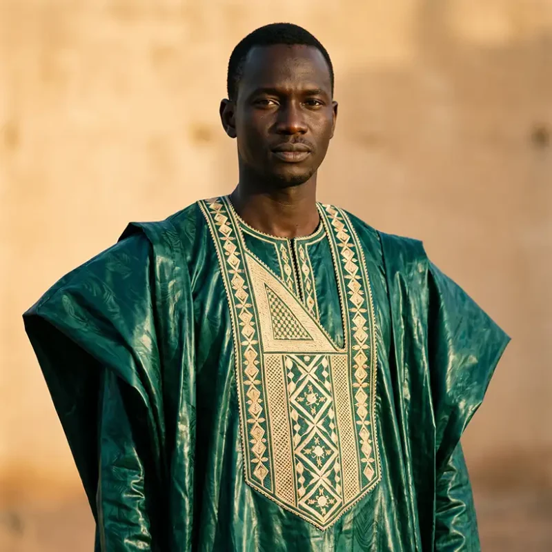 Senegalese grand boubou in bazin riche with wide sleeves and hand-embroidered chest panel