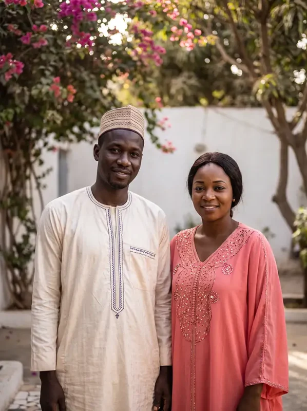 Senegalese kaftans for men and women with embroidered necklines and matching trousers