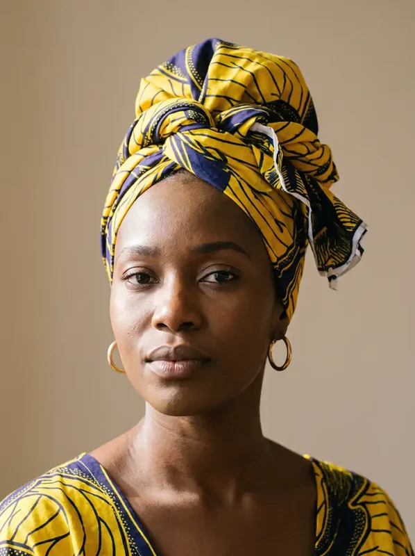 Detail of a Senegalese moussor headwrap showing the folds and knotting technique