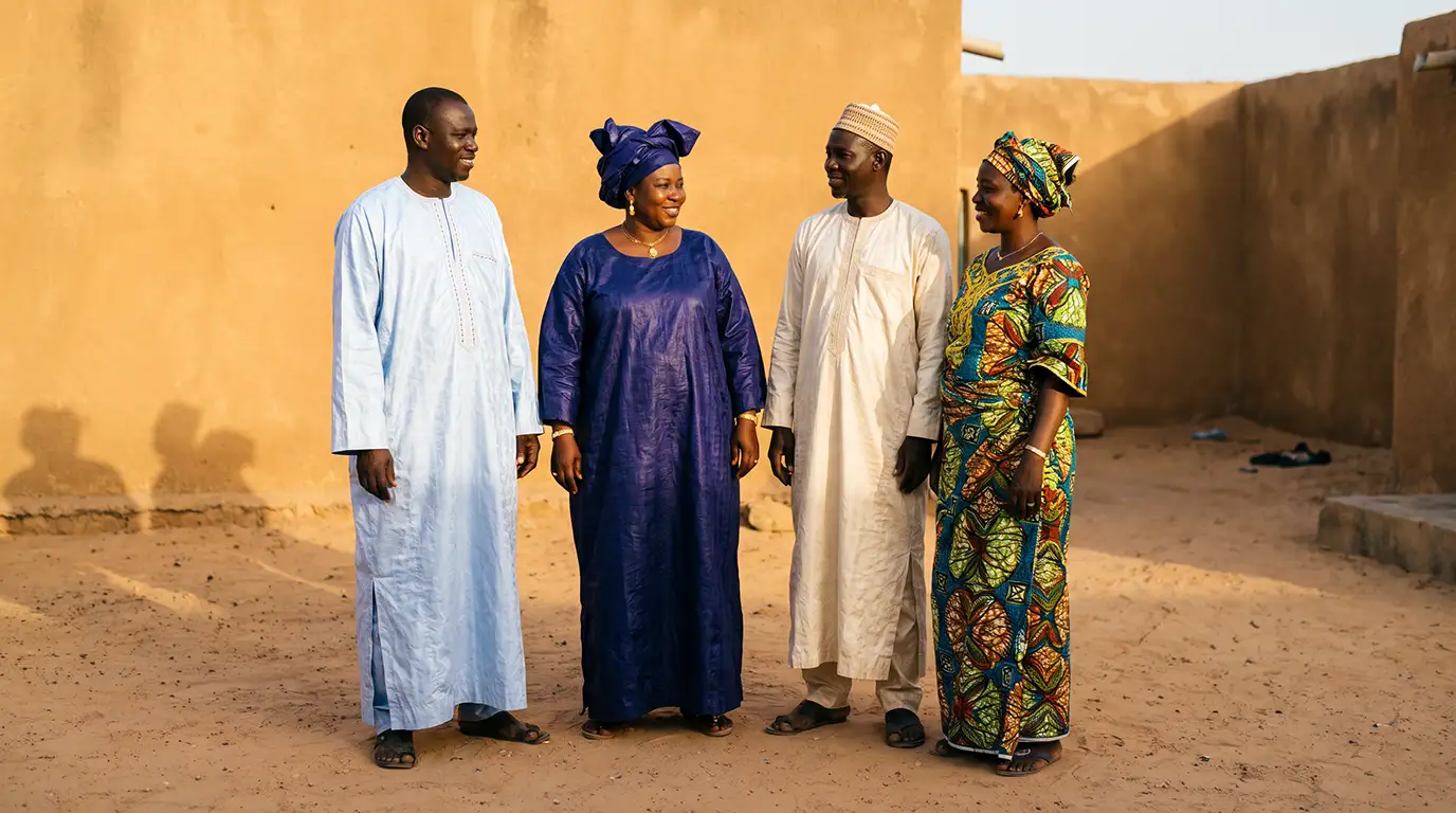 Traditional Senegalese clothing including grand boubou, kaftan and moussor headwrap