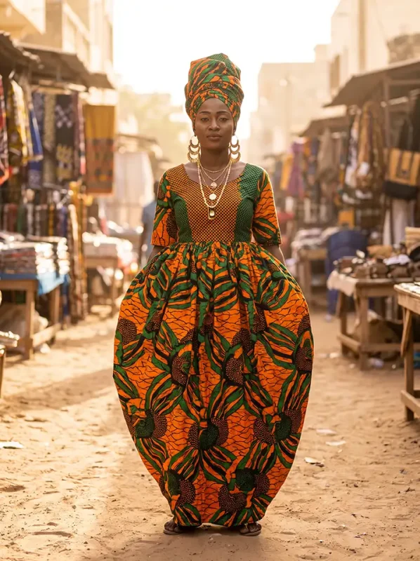 Wolof traditional dress with a bright wax print pagne ensemble and matching moussor