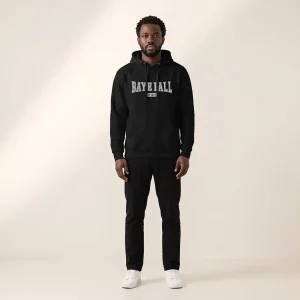 Man wearing a black Baye Fall hoodie with white embroidered varsity wordmark