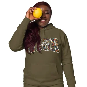 Forest green Goor Yalla hoodie featuring vibrant African mosaic typography