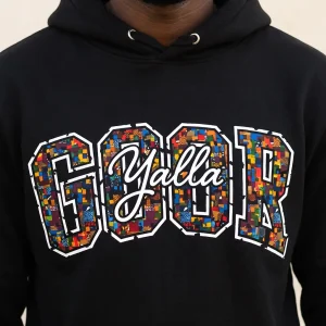 Black Goor Yalla hoodie with ndiakhass patchwork lettering and Yalla in white script