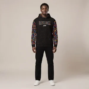 Black all-over print Baye Fall hoodie with full ndiakhass patchwork sleeves and hood lining