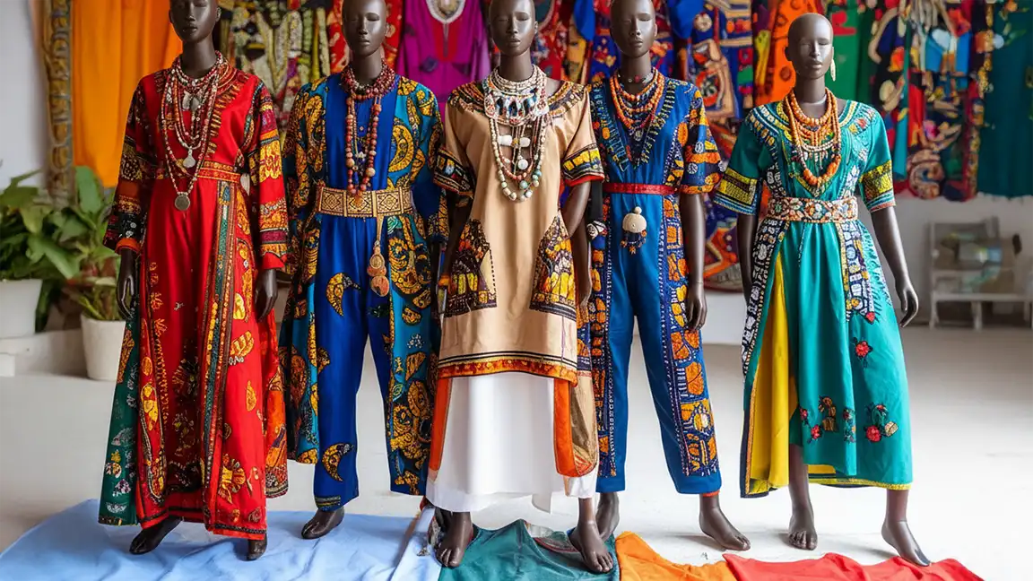 Diverse collection of traditional and modern African clothing including colorful Kente cloth, Ankara prints, Dashiki shirts, and beaded accessories displayed against vibrant African textile background