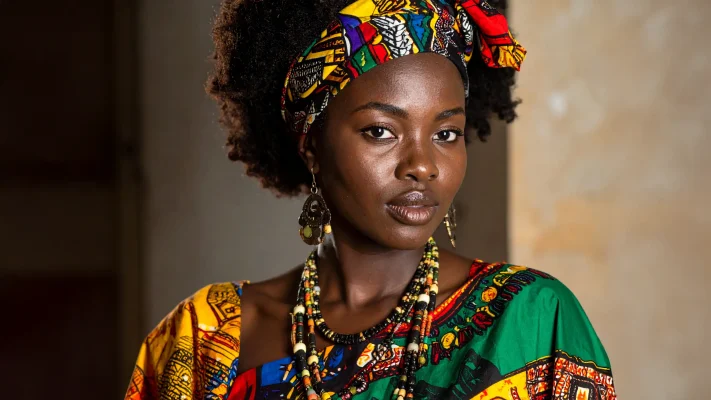 Fashion model wearing expertly coordinated mixed African prints demonstrating bold pattern combination trends in contemporary African clothing styling