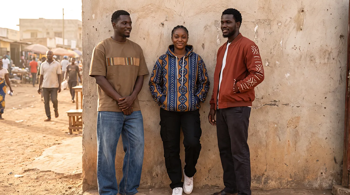 Young people wearing African streetwear with oversized print hoodies and contemporary urban silhouettes
