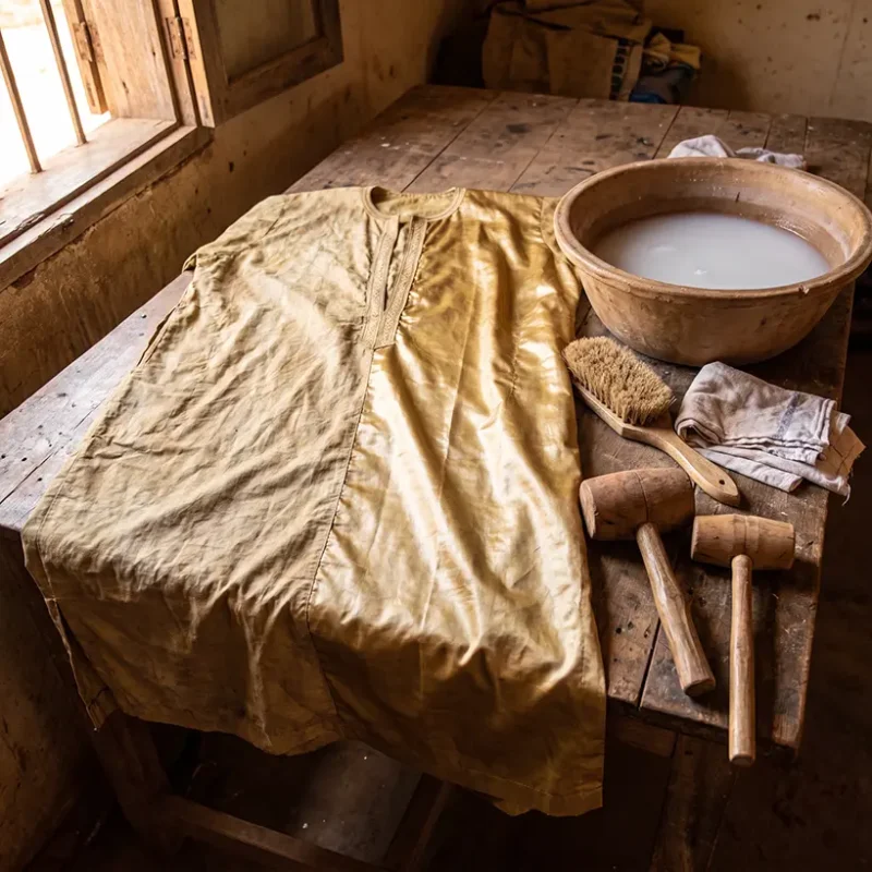 Bazin boubou being re-starched and restored in a Senegalese workshop