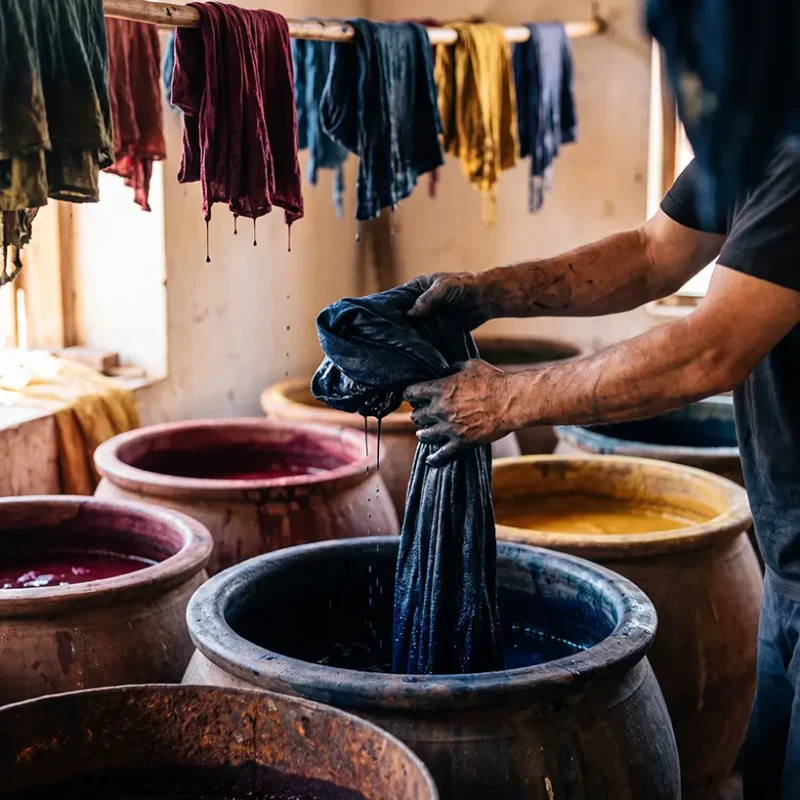 Hand-dyeing bazin damask in indigo vats showing the tonal variation of traditional Senegalese dyeing