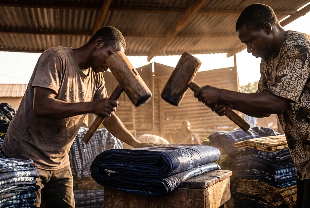 Artisan beating starched bazin fabric with heavy wooden mallets to create its signature sheen