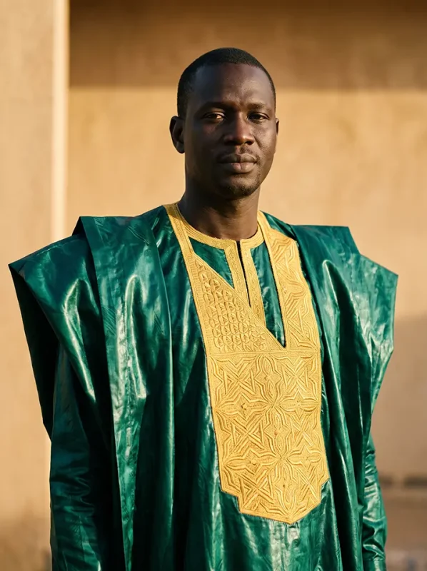 Man wearing an embroidered bazin riche grand boubou showing the fabric's sheen and structure