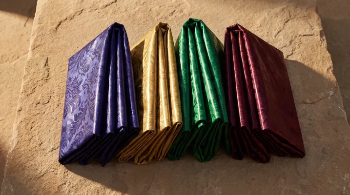 Folded lengths of bazin riche damask in indigo, gold and emerald showing their characteristic sheen