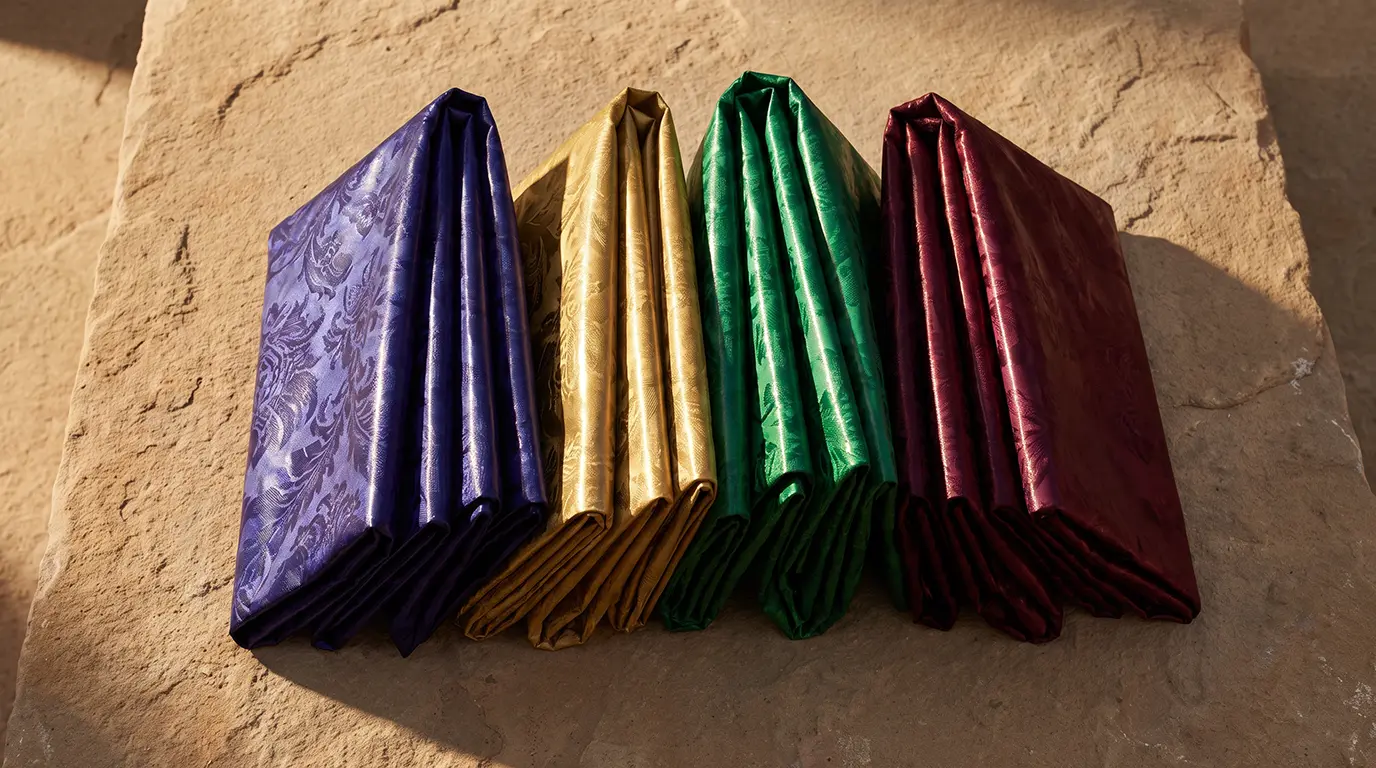 Folded lengths of bazin riche damask in indigo, gold and emerald showing their characteristic sheen