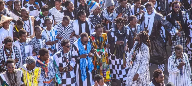 Njaxass patchwork garment worn by the Baye Fall of Senegal, assembled from mixed fabric scraps