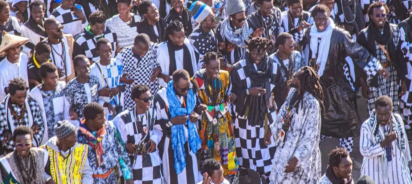 Njaxass patchwork garment worn by the Baye Fall of Senegal, assembled from mixed fabric scraps