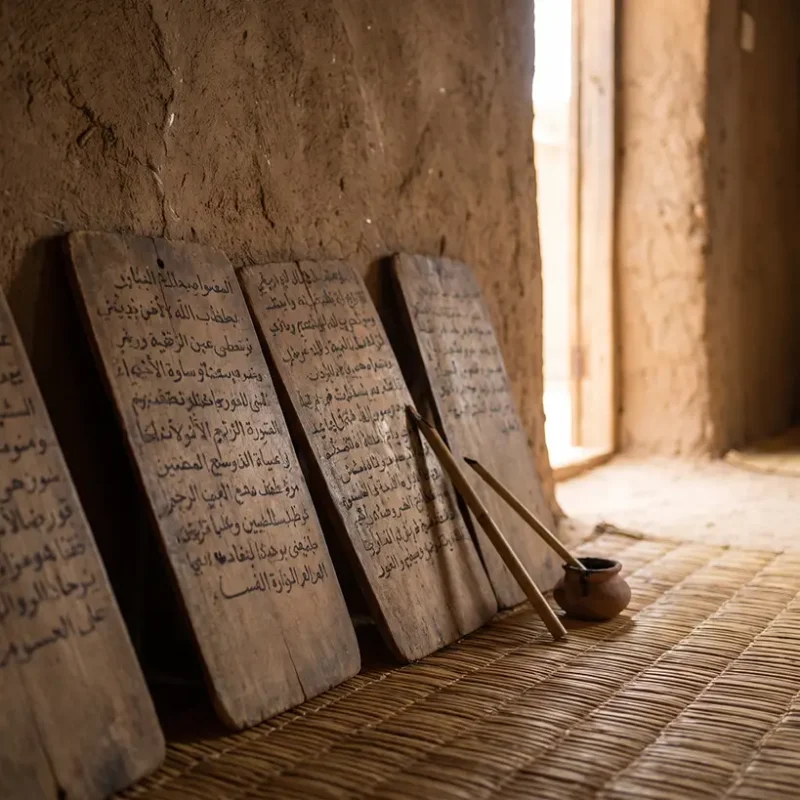 Traditional Senegalese Qur'anic school with wooden writing tablets and Arabic script